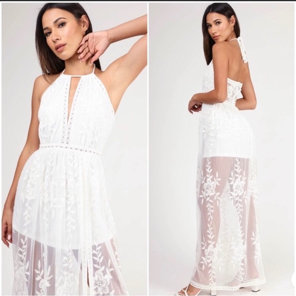 Veronica Bow Strap Embroidered Lace Maxi Dress